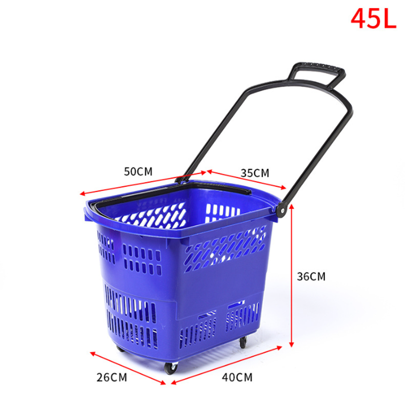 45L plastic shopping basket with wheels