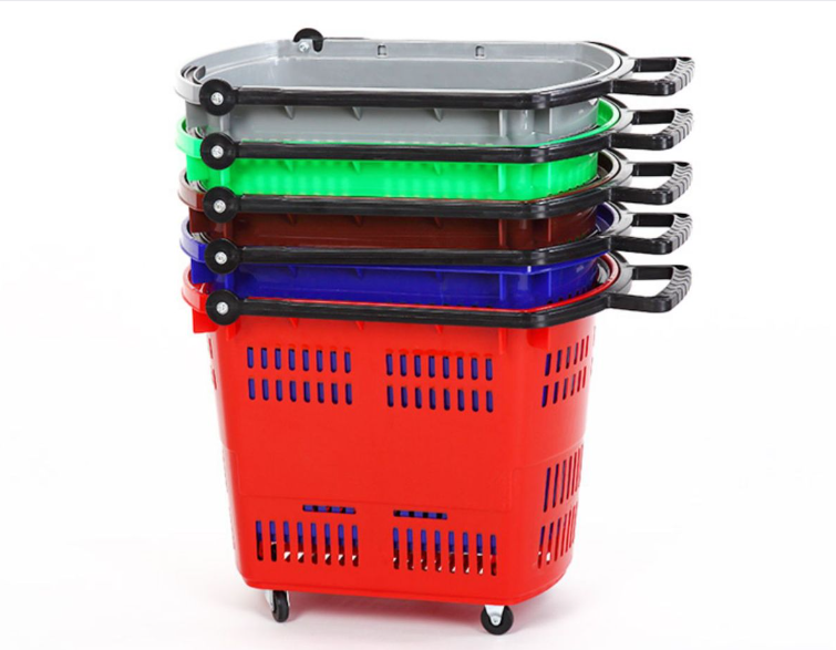 45L plastic shopping basket with wheels